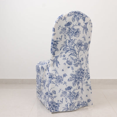 10 Pack Polyester Chair Covers for Banquet Chairs – White Blue French Toile Pattern, Reusable Stain-Resistant Slip-On Slipcovers