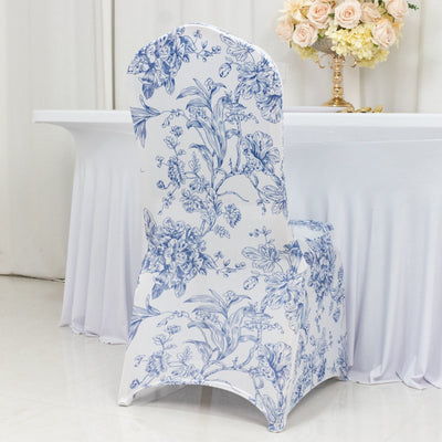 10 Pack Spandex Chair Covers for Banquet Chairs – White Blue French Toile Reusable Stretch Slip-On Floral Covers