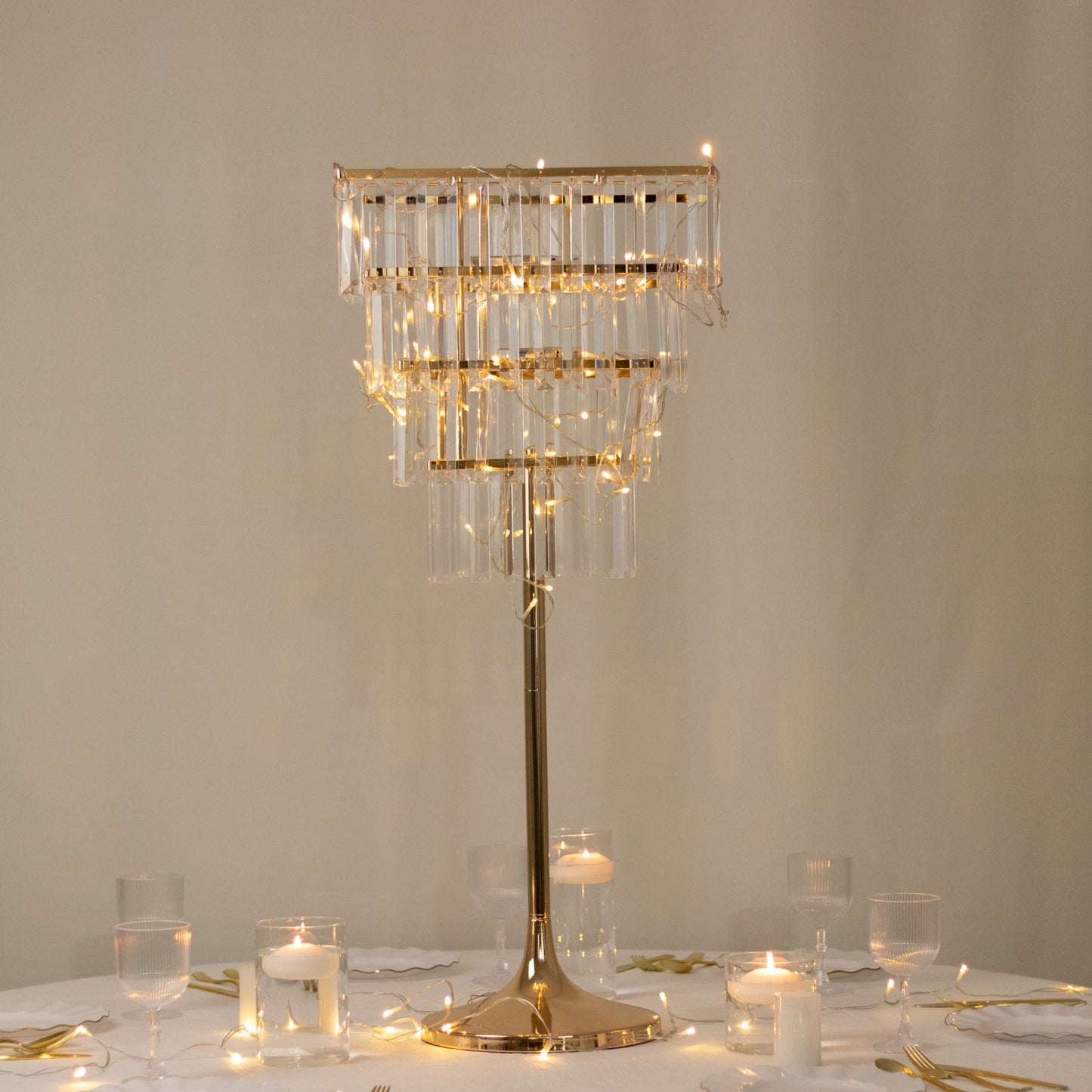 38" Crystal Pendant 4-Tier Table Centerpiece Chandelier – Gold Metal Vase Stand with Square Frame, Round Base & Hanging Crystals