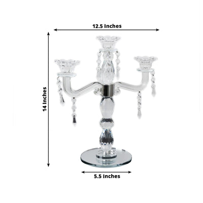 Crystal Taper Candle Holder with 3 Arms & Hanging Pendants – Elegant Table Centerpiece, 14"