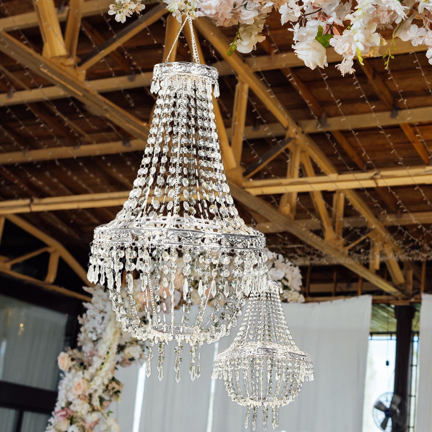 5ft Empire Style Beaded Crystal Chandelier with Silver Ornate Metal Frame, Adjustable Hanging Farmhouse Pendant Ceiling Lighting