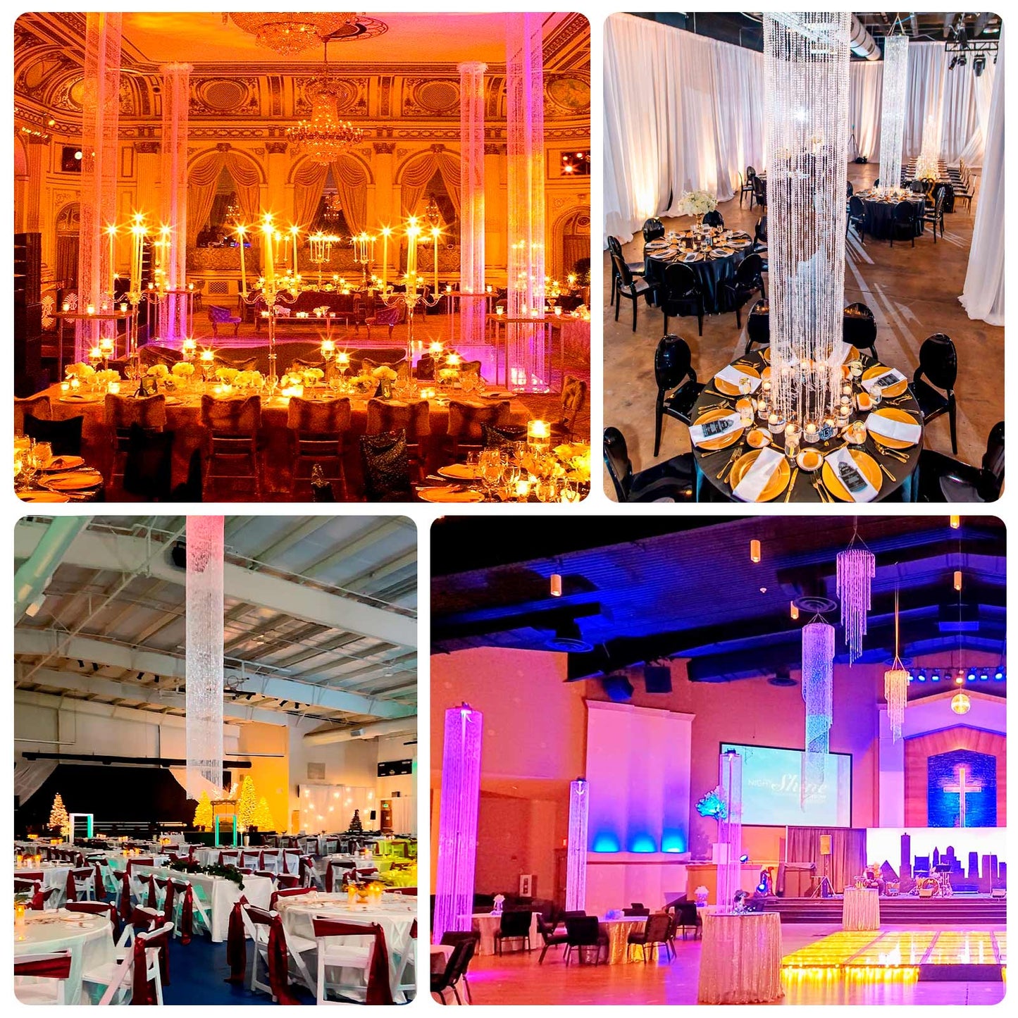 20ft Hanging Beaded Crystal Column Chandelier, Tall Beads Curtain Round with Silver Metal Hoop and Hanging Chain