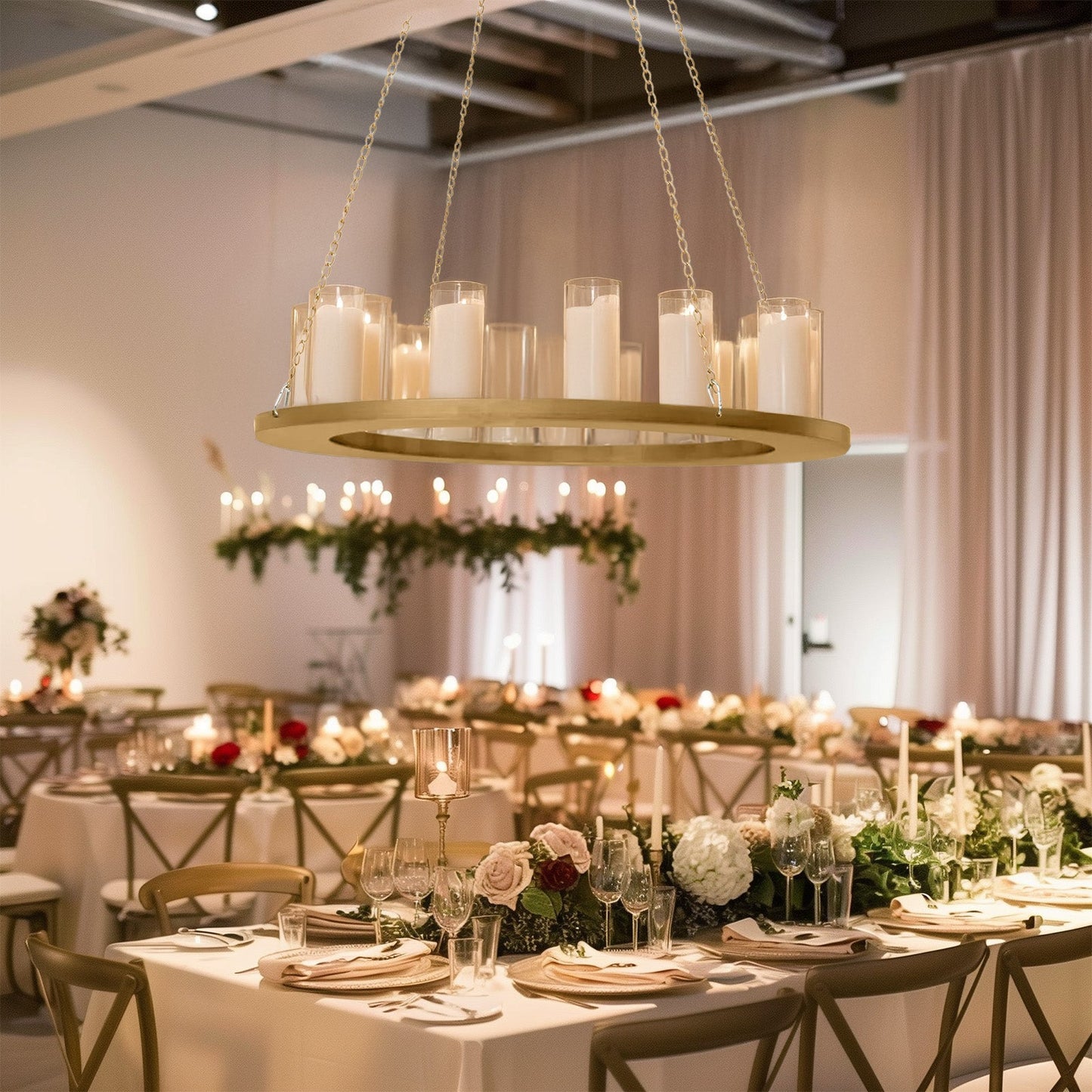 Gold Hanging Metal Floral Chandelier Frame - 24" Circular Lighting, Candle and Floral Display Base