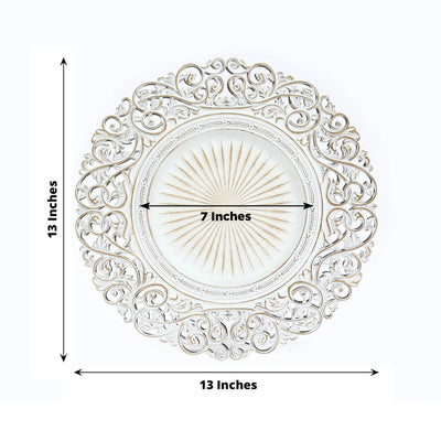 6-Pack Acrylic Round Charger Plates 13" in Antique White with Vintage Floral Carved Rim, Event Tabletop Decorative Charger Tableware