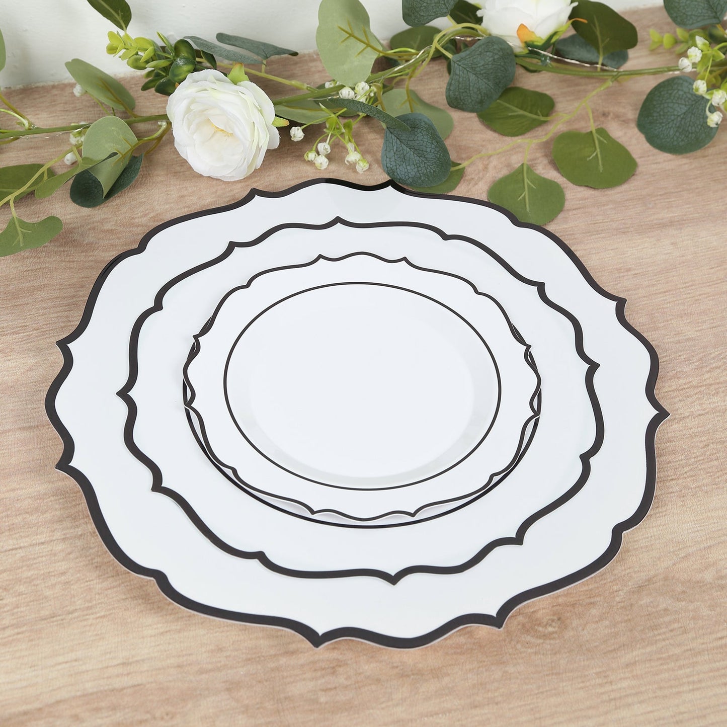 10-Pack Economy Plastic Round Charger Plates 13" in White with Black Scalloped Rim, Decorative Dinner Party Serving Plates