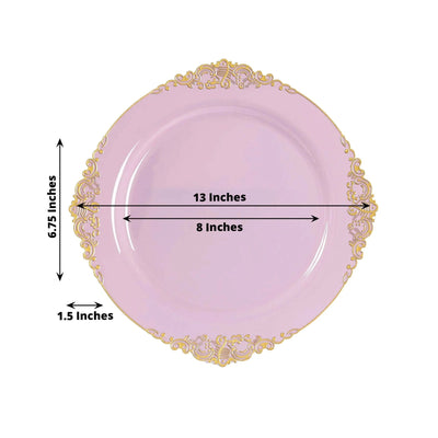 20-Pack Economy Plastic Round Charger Plates 13" in Lavender Lilac with Gold Embossed Baroque Rim, Stylish Dinner Party Serving Plates