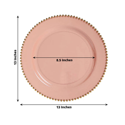 10-Pack Economy Round Plastic Charger Plates 13" in Dusty Rose with Gold Beaded Rim, Stylish Dinner Party Serving Plates