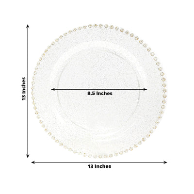 10-Pack Economy Round Plastic Charger Plates 13" in Clear/Gold Glitter with Beaded Rim, Stylish Dinner Party Serving Plates