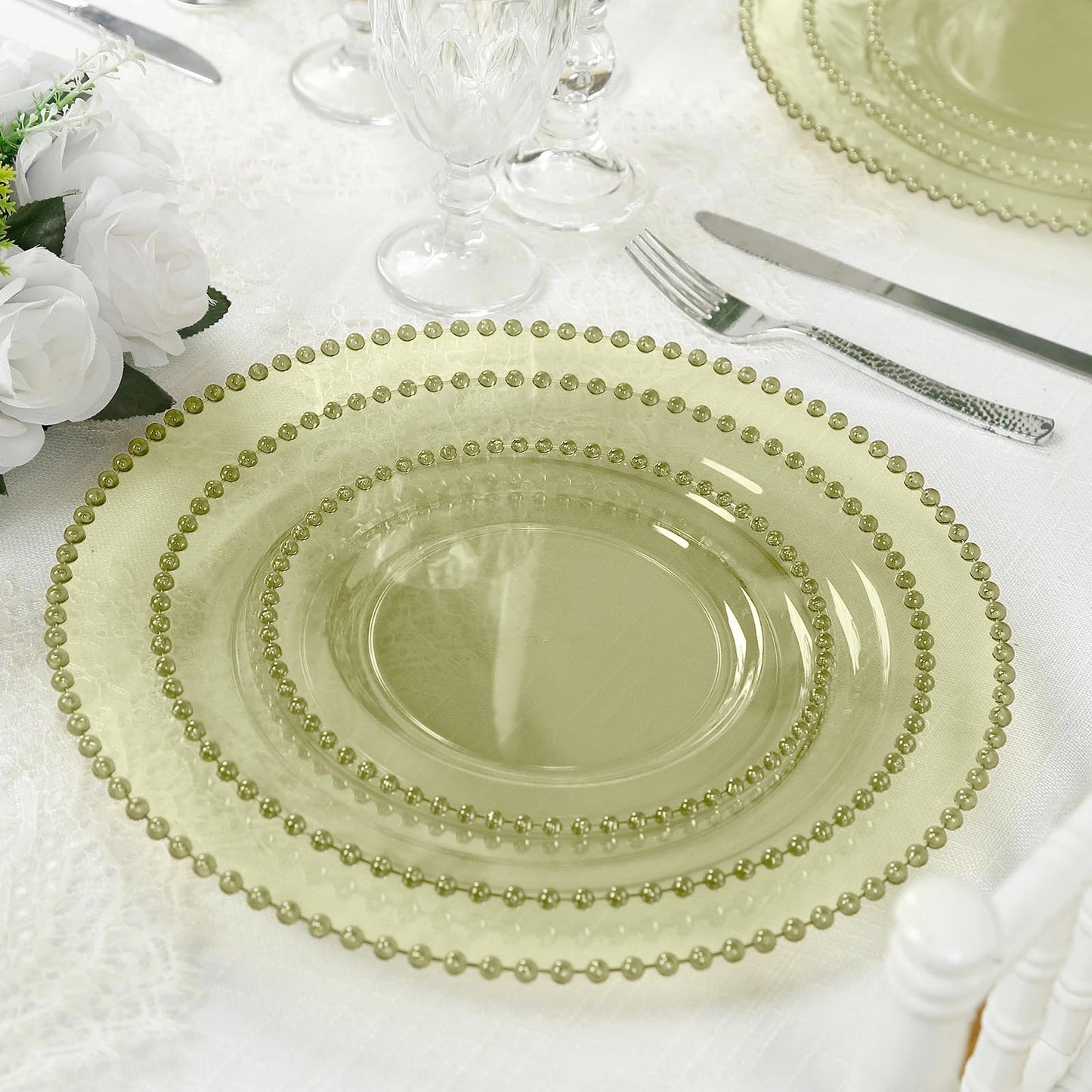 10-Pack Economy Round Plastic Charger Plates 13" in Transparent Dusty Sage Green with Beaded Rim, Stylish Dinner Party Serving Plates