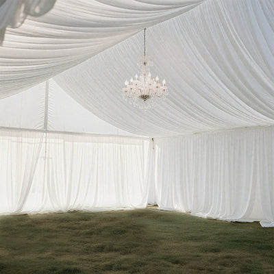 White Stretch Spandex Tent Ceiling Drape – 25ft x 36ft 100GSM Wrinkle-Free Fabric Ceiling Liner with Pole Pockets, Standard