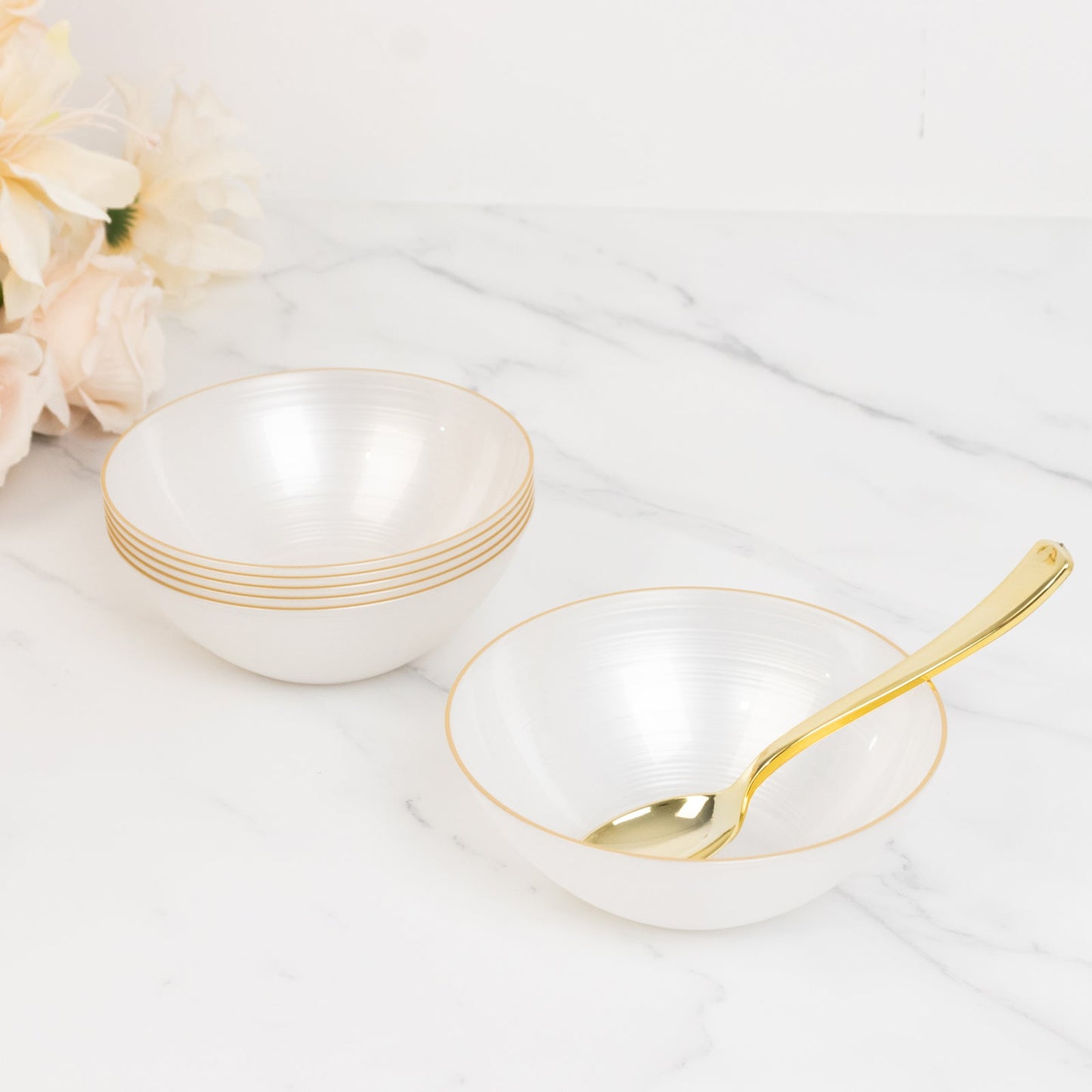 20-Pack 16oz Plastic Bowls – Transparent Pearl White with Gold Rim, Elegant Crystal-Like Swirl Disposable Bowls