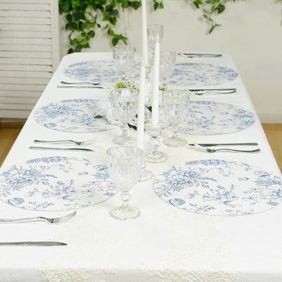 10-Pack Disposable Table Placemats in French Toile Print 13" in Matte White/Blue - Chic Floral Cardboard Placemats for Stylish Table Setting