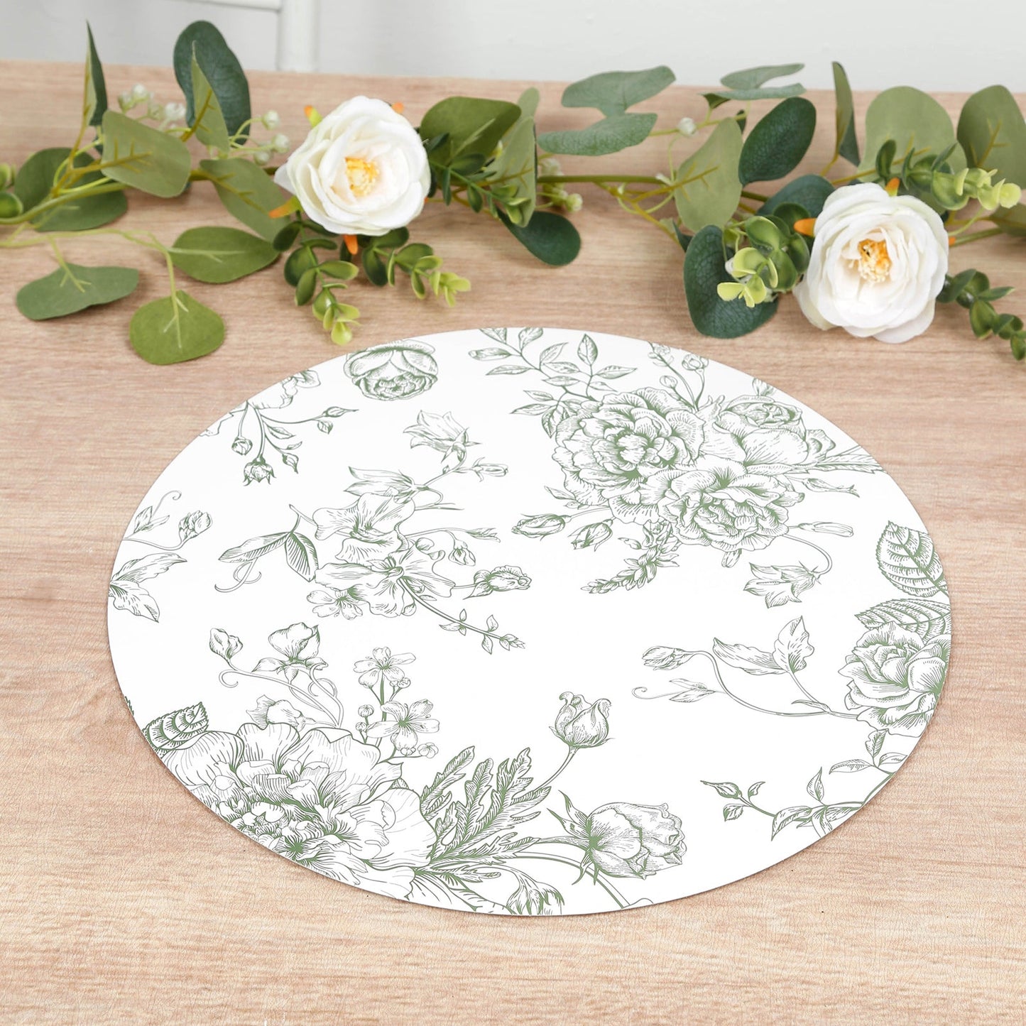 10-Pack Disposable Table Placemats in French Toile Print 13" in Matte White/Sage Green - Chic Floral Cardboard Placemats for Stylish Table Setting