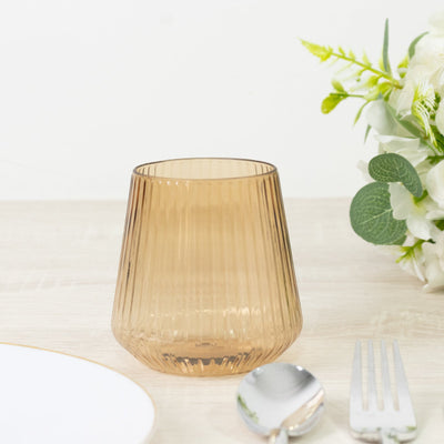 12-Pack Amber Gold Plastic Stemless Wine Glasses – 12oz Ribbed Design, Reusable Shatterproof Cocktail Tumblers