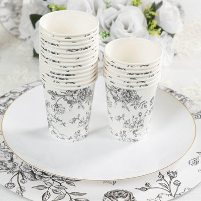 50-Pack Paper Cups in White with Black French Toile Print - Stylish Disposable Floral Party Cups for Weddings & All Purpose Use 9oz