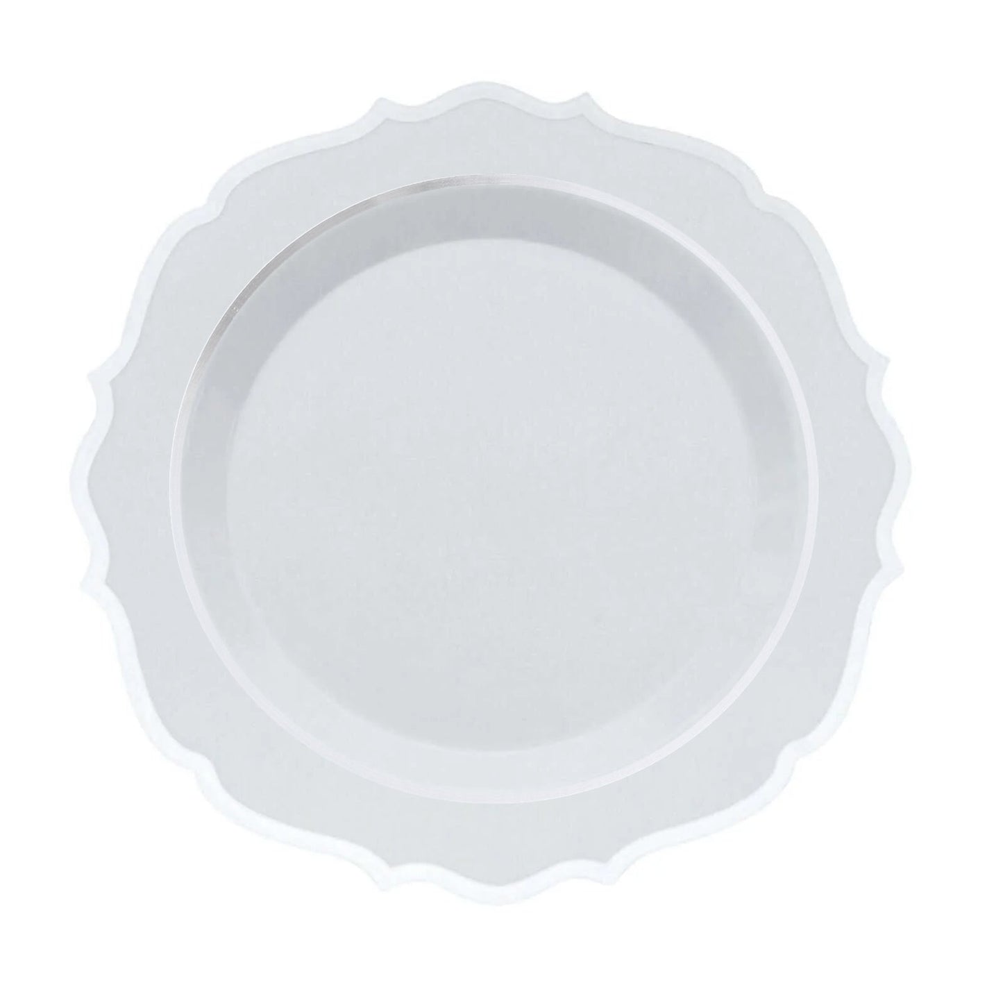 10-Pack Plastic 10" Round Dinner Plates in White with Silver Scalloped Rim - Disposable Party Plates