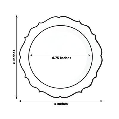 10-Pack Plastic 8" Round Dessert Plates in Clear with Black Scalloped Rim - Disposable Appetizer/Salad Plates