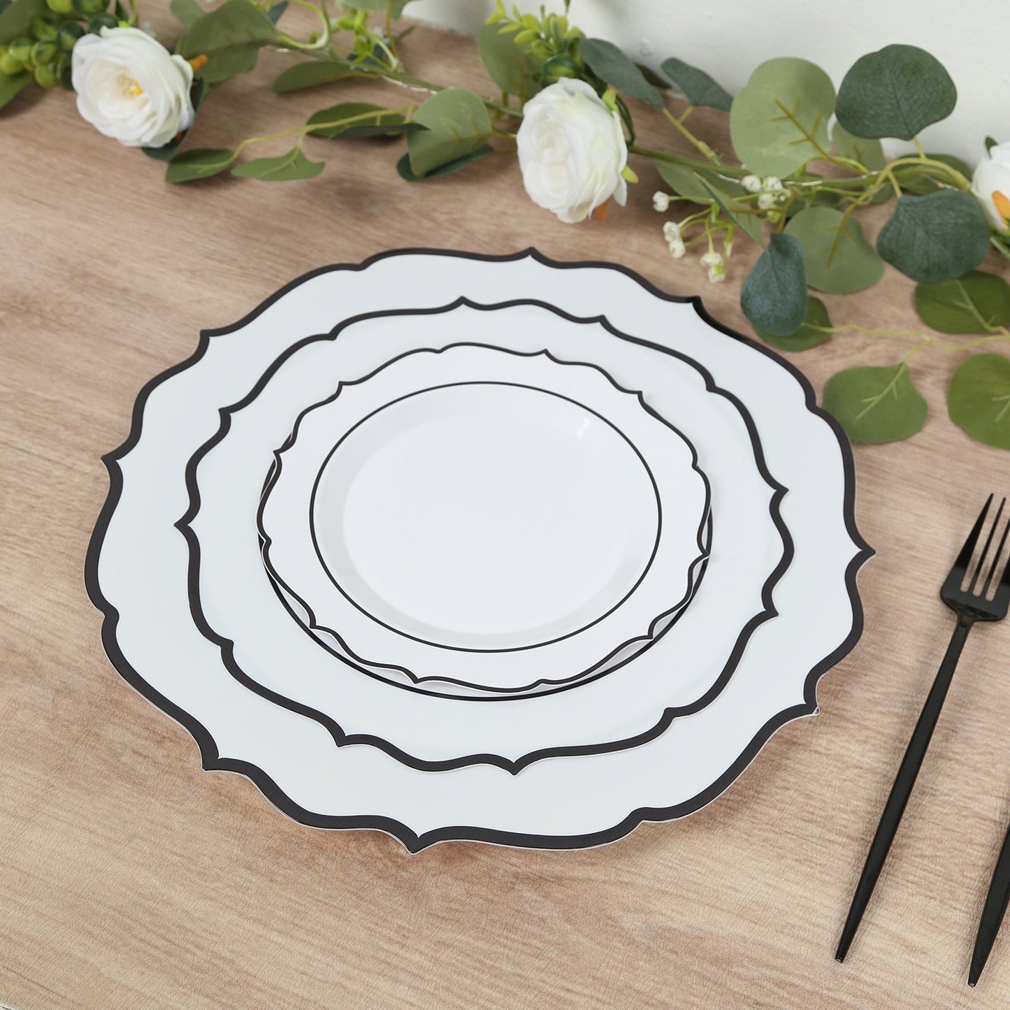 10-Pack Plastic 8" Round Dessert Plates in White with Black Scalloped Rim - Disposable Appetizer/Salad Plates