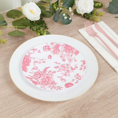 10-Pack French Toile Plastic Salad Plates – Pink & White Floral, 7" Round Disposable Dessert Plates