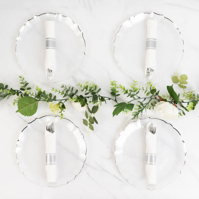 10-Pack Plastic 10" Round Dinner Plates in Pearl White Sunflower with Silver Scalloped Rim - Disposable Party Plates for Classy Events & Banquets