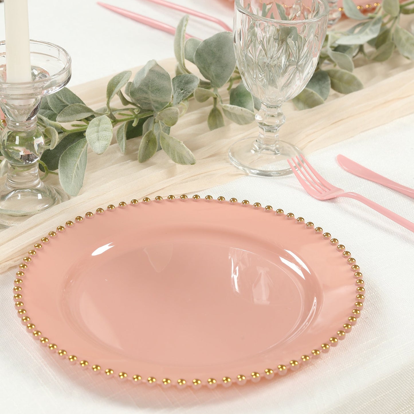 10-Pack Plastic 10" Round Dinner Plates in Dusty Rose with Gold Beaded Rim - Disposable Party Plates for Banquets & Festive Occasions