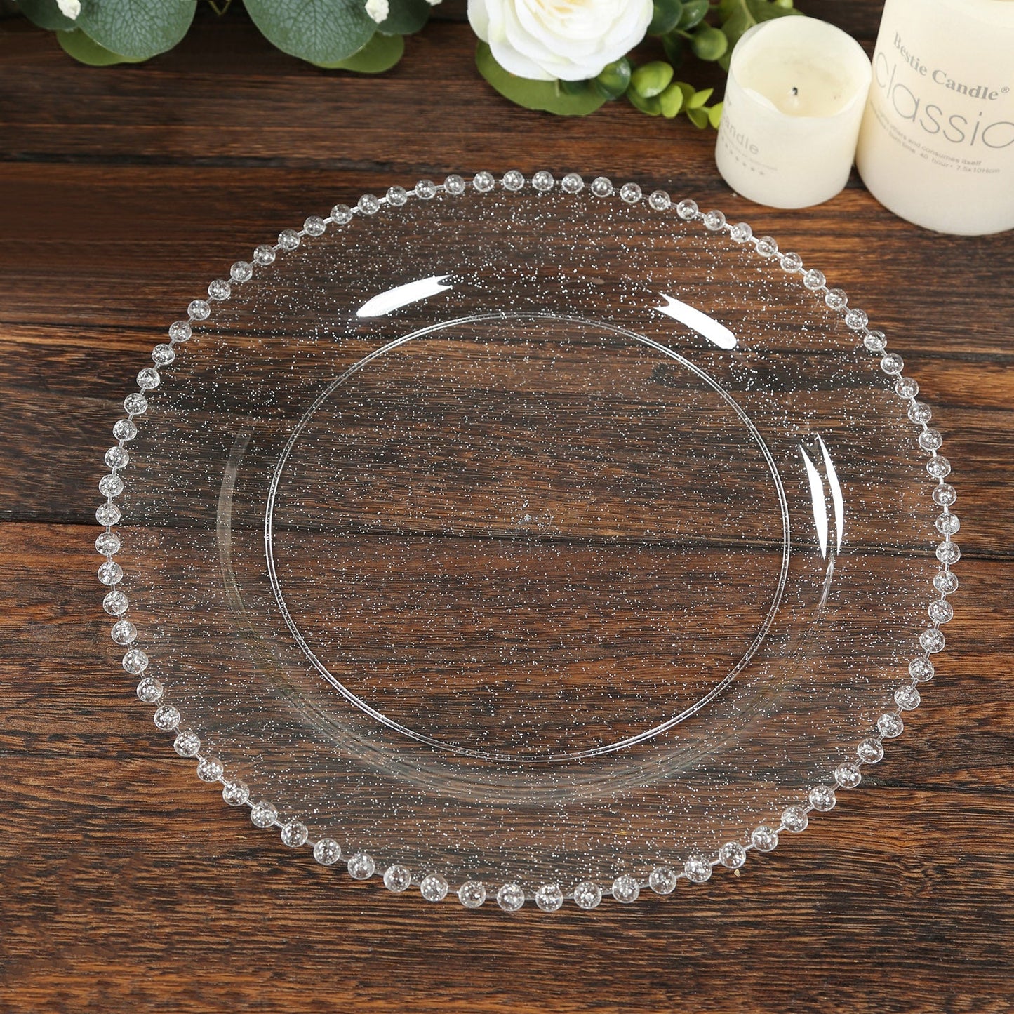10-Pack Plastic 10" Round Dinner Plates in Clear Silver Glittered with Beaded Rim - Disposable Party Plates for Banquets & Festive Occasions