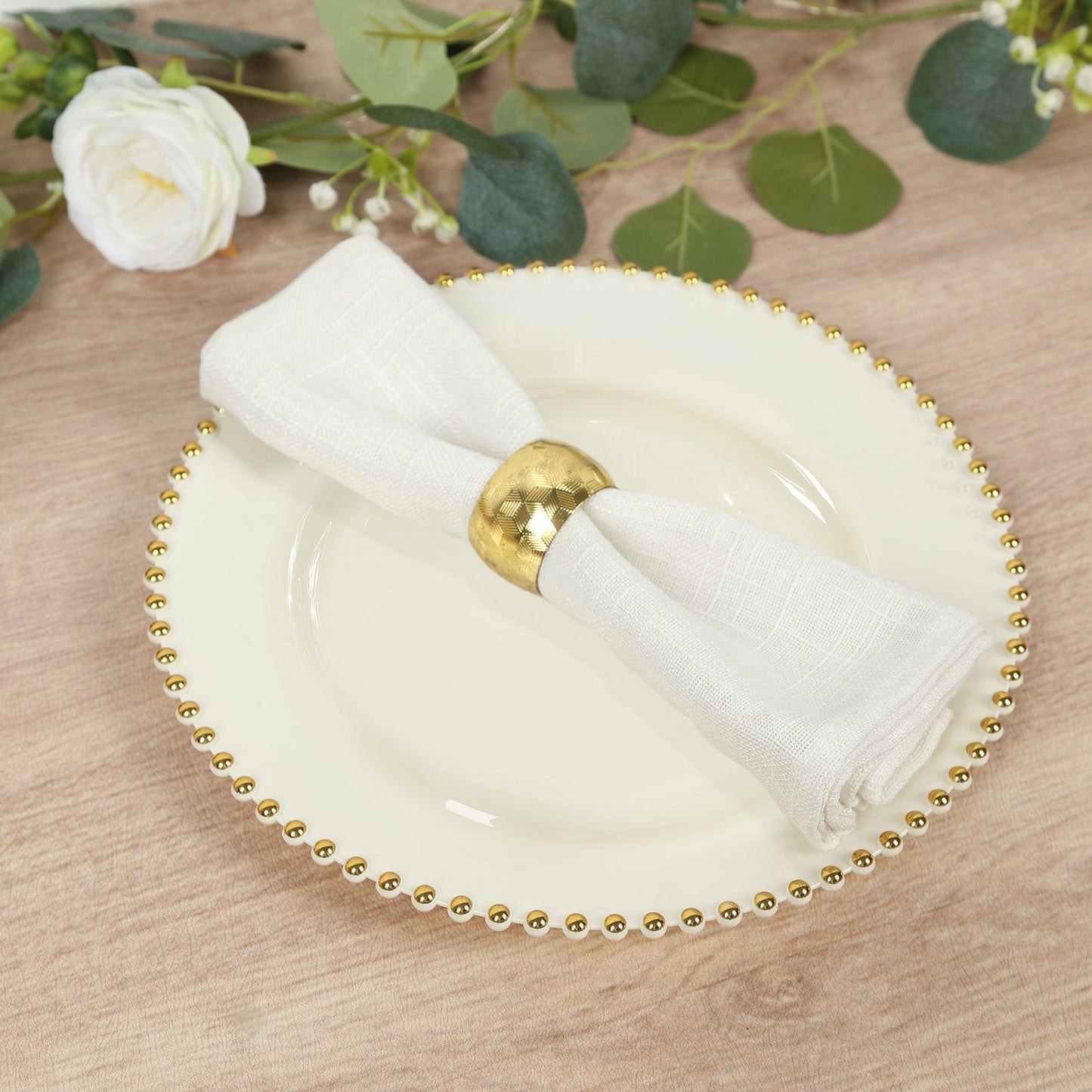 10-Pack Plastic 10" Round Dinner Plates in Ivory with Gold Beaded Rim - Disposable Party Plates for Banquets & Festive Occasions