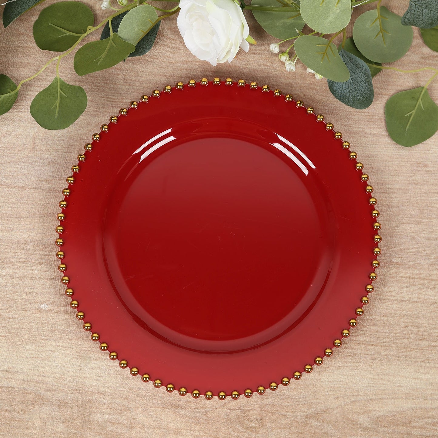 10-Pack Plastic 10" Round Dinner Plates in Red with Gold Beaded Rim - Disposable Party Plates for Banquets & Festive Occasions