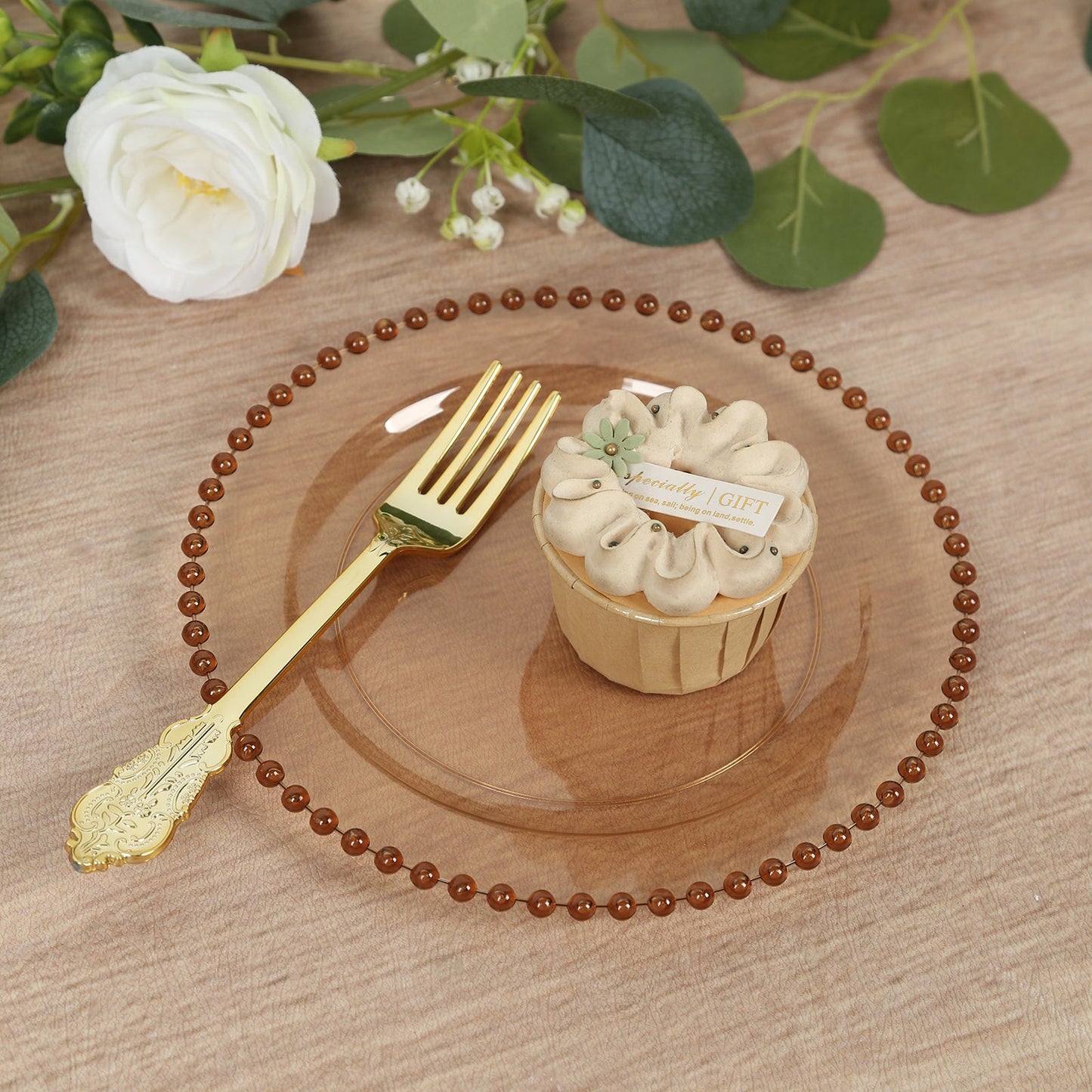 10-Pack Amber Gold Plastic Dessert Plates – 8" Round with Beaded Rim, Disposable for Parties & Events