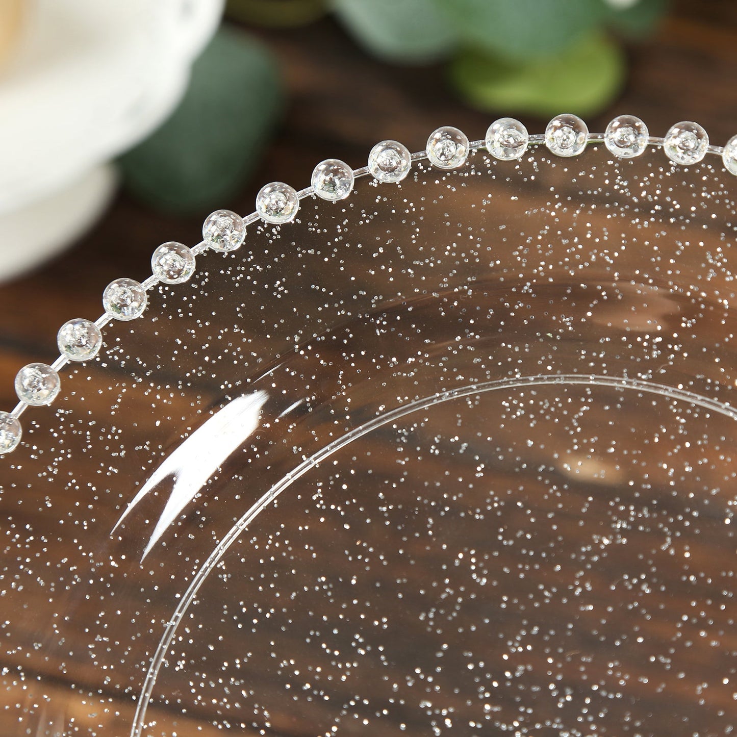 10-Pack Clear Silver Glittered Plastic Dessert Plates – 8" Round with Beaded Rim, Disposable for Parties & Events