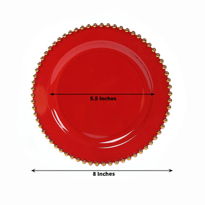 10-Pack Red Plastic Dessert Plates – 8" Round with Gold Beaded Rim, Disposable for Parties & Events