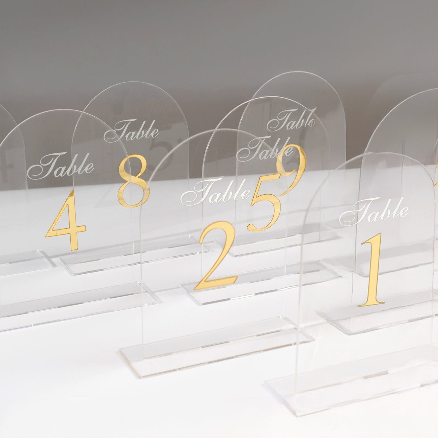 Clear Arch Acrylic Table Numbers (1-10) - 6"x7" Wedding Reception Signs with Gold Print & Stands