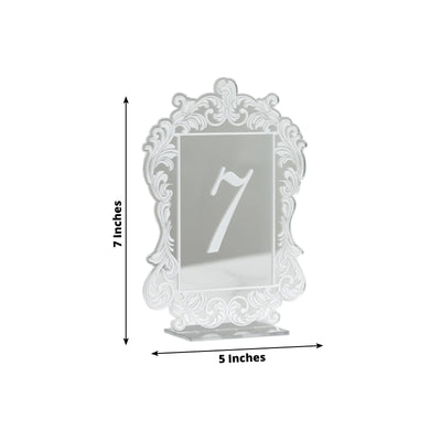 Silver Mirror Arch Acrylic Table Numbers (1-10) - 5"x7" Wedding Reception Signs with Baroque Lace Border, White Print & Stands