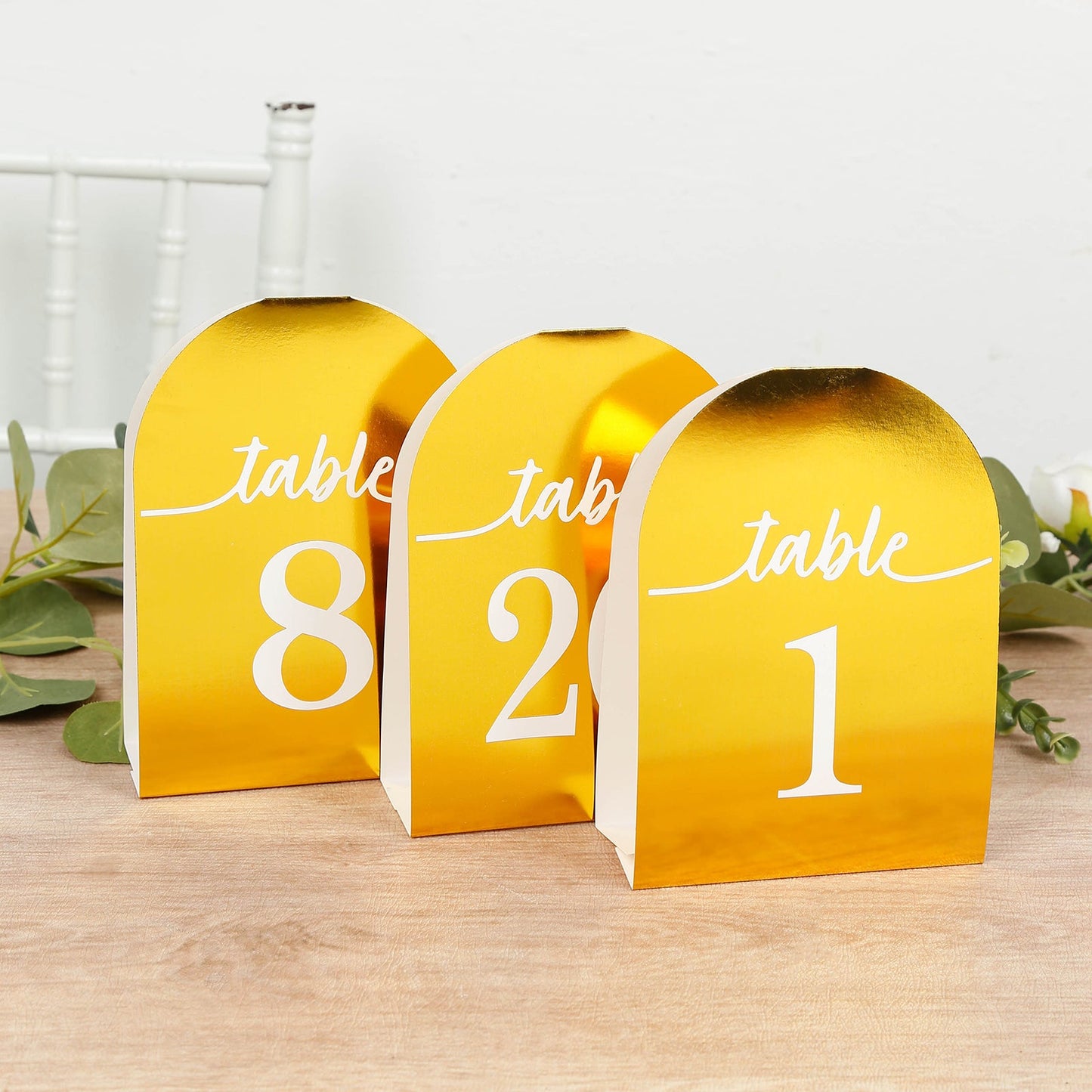 25-Pack 7" Disposable Table Numbers, Metallic Gold Free Standing Double Sided Table Number Place Cards with White Numbers 1-25