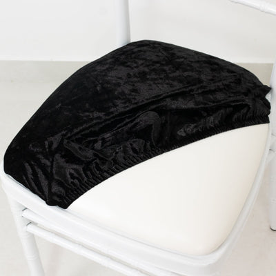 5 Pack Crushed Velvet Seat Pad Covers for Chiavari Chairs – Black Fitted Dining Chair Cushion Slipcovers, Washable & Reusable