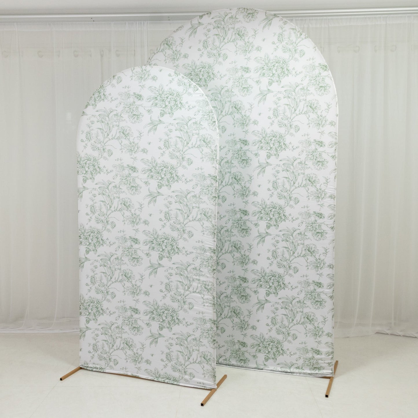 8ft Fitted Spandex Chiara Backdrop Cover – French Toile Blue & White Floral Arch Slipcover for Round Top Wedding Stand