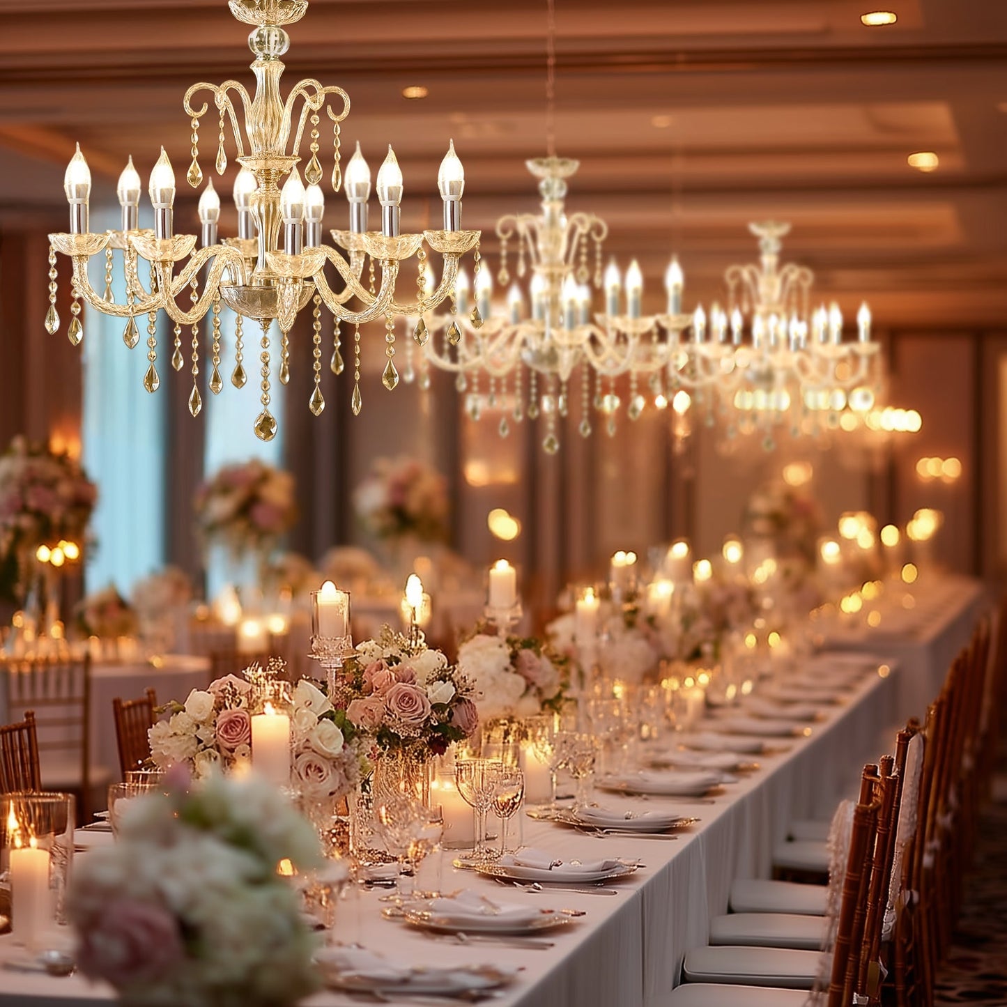 2-Tier Crystal Chandelier with 10 LED Candle Bulbs – Silver Acrylic Ceiling Light Fixture with Decorative Upper Crystals for Dining Room or Foyer – 2.5ft