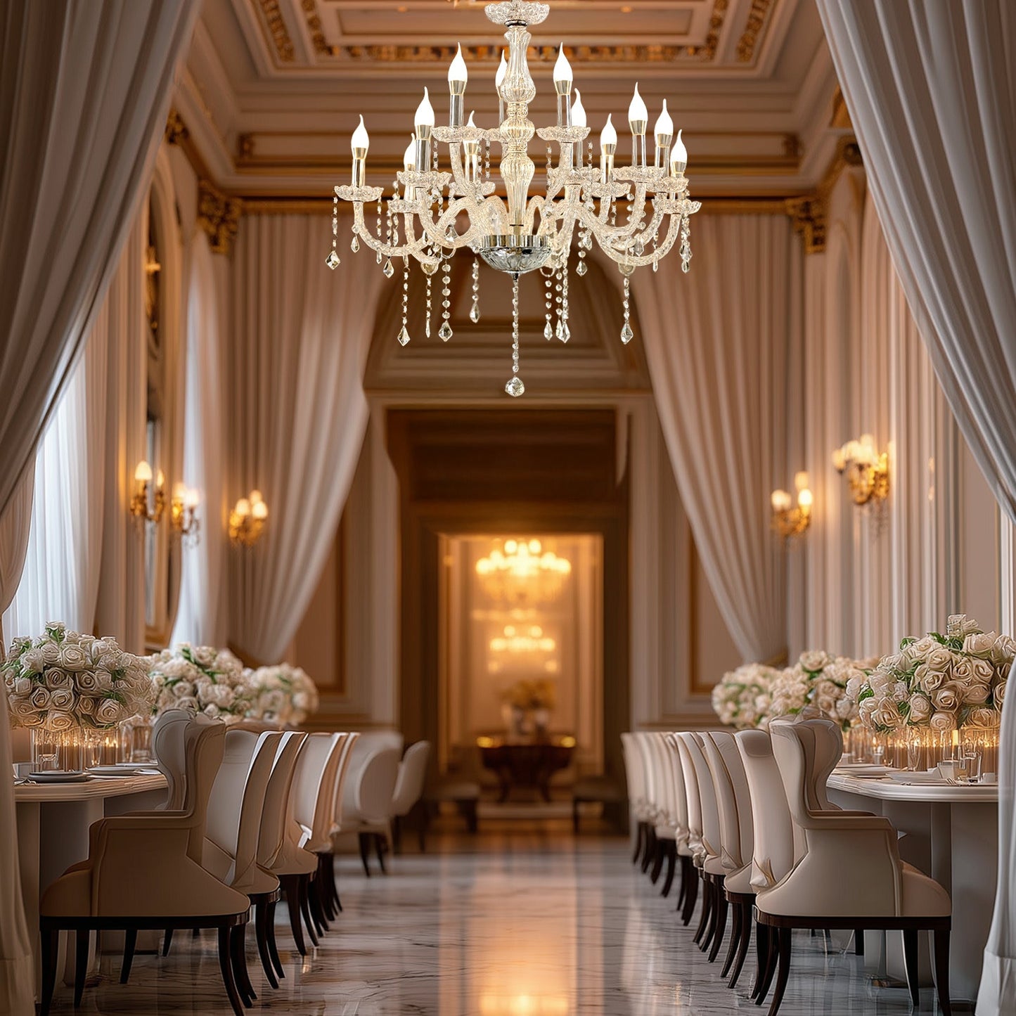 2-Tier Crystal Chandelier with 15 LED Candle Bulbs – Silver Acrylic Ceiling Light Fixture with Dual-Layer LED Illumination for Dining Room or Foyer – 2.5ft