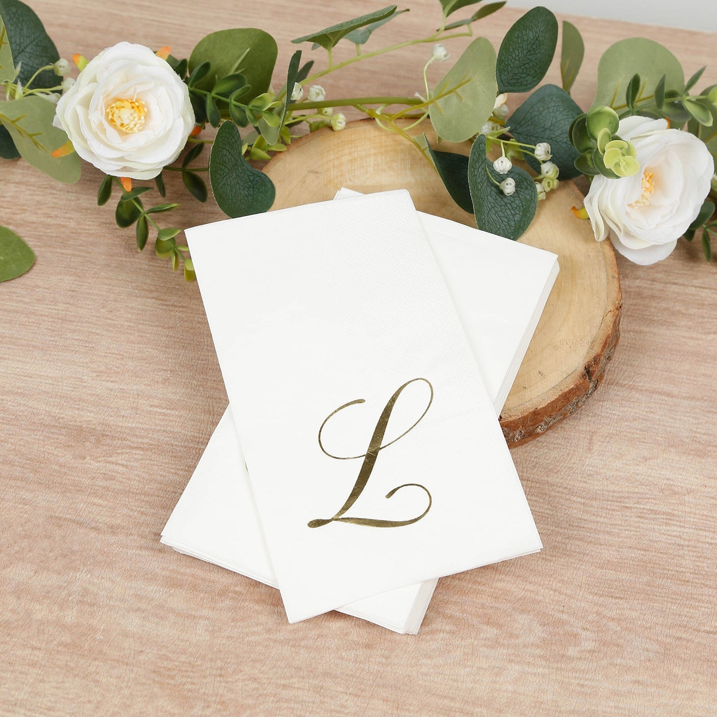 100 Paper Dinner Napkins White with Gold Foil Monogram "L" – 8"x4" Folded, Disposable Party Napkins