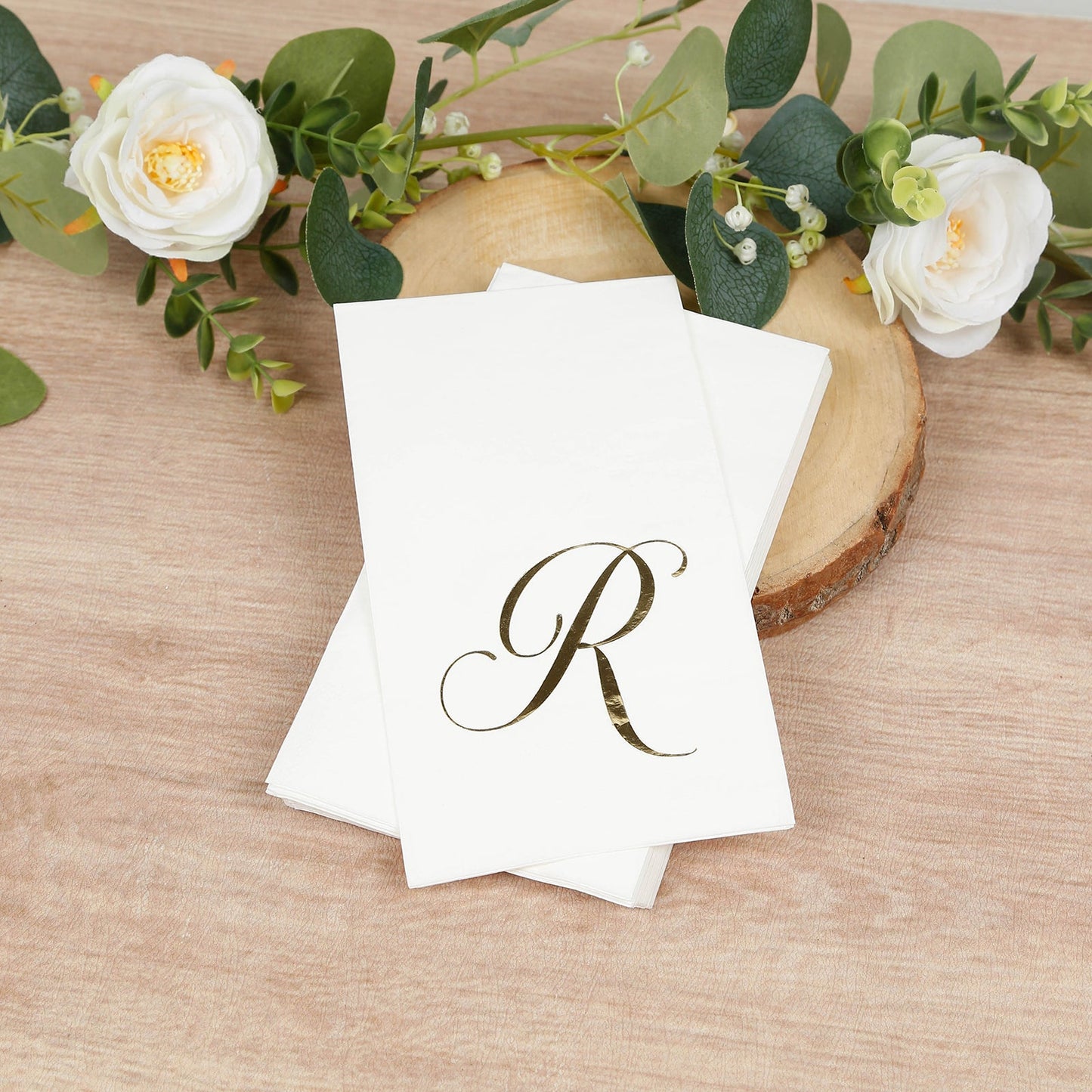 100 Paper Dinner Napkins White with Gold Foil Monogram "R" – 8"x4" Folded, Disposable Party Napkins