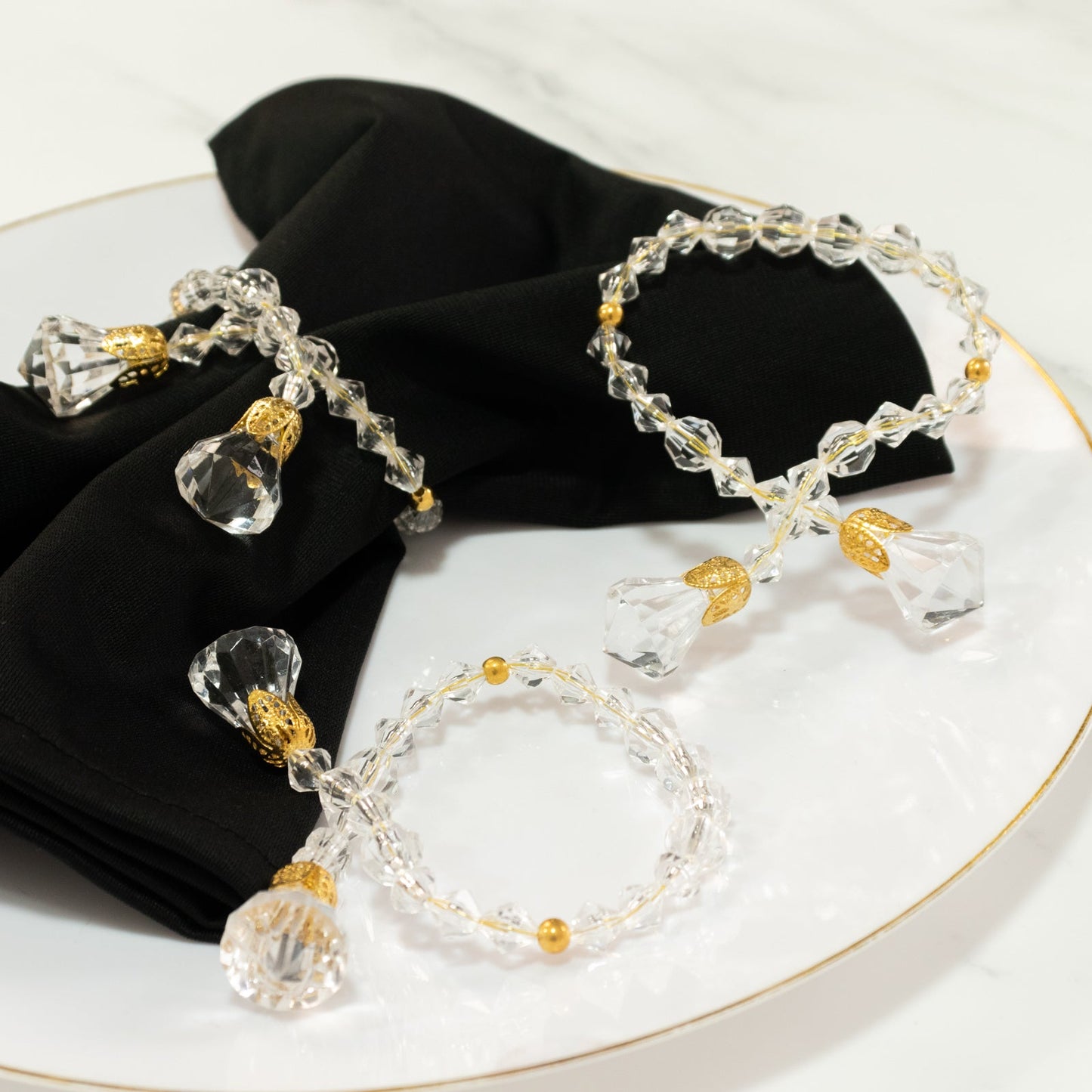 10 Pack Clear Crystal Beaded Napkin Rings with Gold Accents, 10" Elegant Decorative Table Accessories and Sash Holders