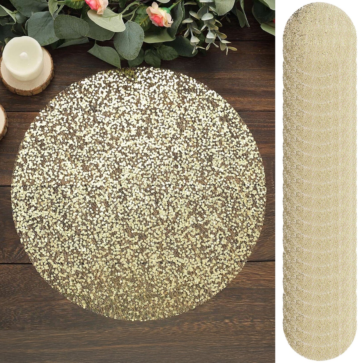 50-Pack Table Placemats Sequin Design Metallic Gold Round - Mesh Disposable Dust-Free Dining Mats 13"