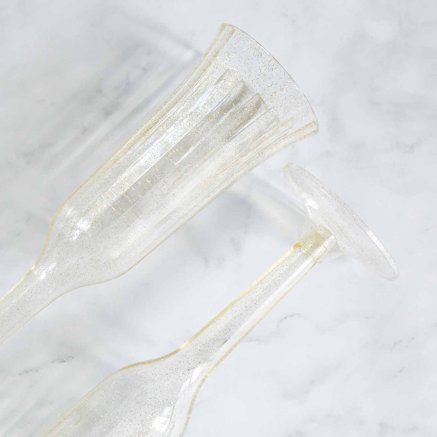 24-Pack Plastic Champagne Flutes Clear Gold Glitter Flared Design - Lightweight Disposable Toasting Glasses 6oz