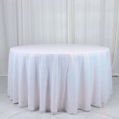 Sequin 132" Round Tablecloth Iridescent Blue - Seamless Dazzling Table Cover