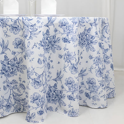Polyester 120" Round Tablecloth White - Blue French Toile Pattern for Chic Weddings