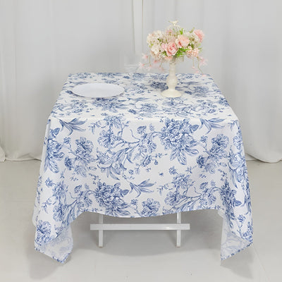 Polyester 70"x70" Table Overlay White - Blue French Toile Pattern for Stylish Events