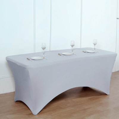 Stretch Spandex 96"x30" Rectangle Table Cover Silver - Durable Form-Fitting Tablecloth