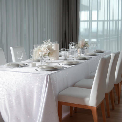 Scuba Rectangular Tablecloth 90"×156" White with Rhinestone Accents – Seamless, Wrinkle-Free, Stain-Resistant Event Linen
