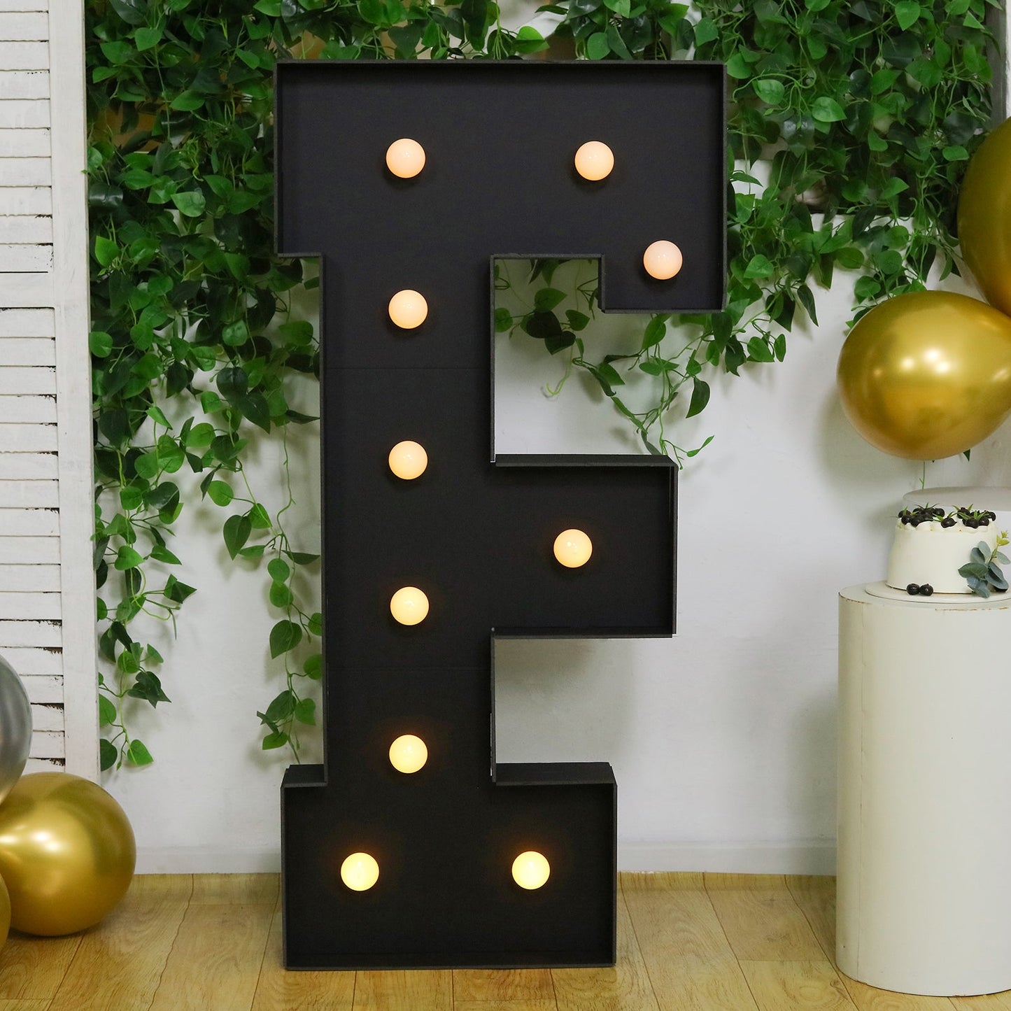 Giant LED Marquee Light Up Letter "F", Black 4ft Pre-Cut Foam Board with 10 Warm White Battery Operated LEDs, Glue Gun and Sticks
