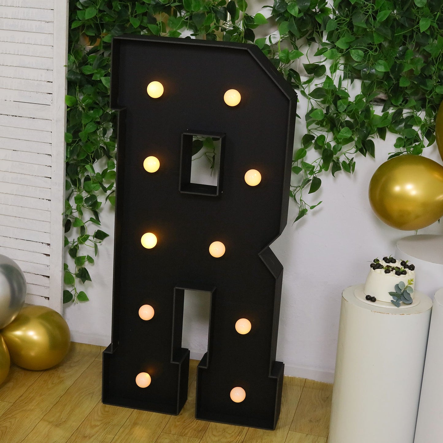 Giant LED Marquee Light Up Letter "R", Black 4ft Pre-Cut Foam Board with 10 Warm White Battery Operated LEDs, Glue Gun and Sticks